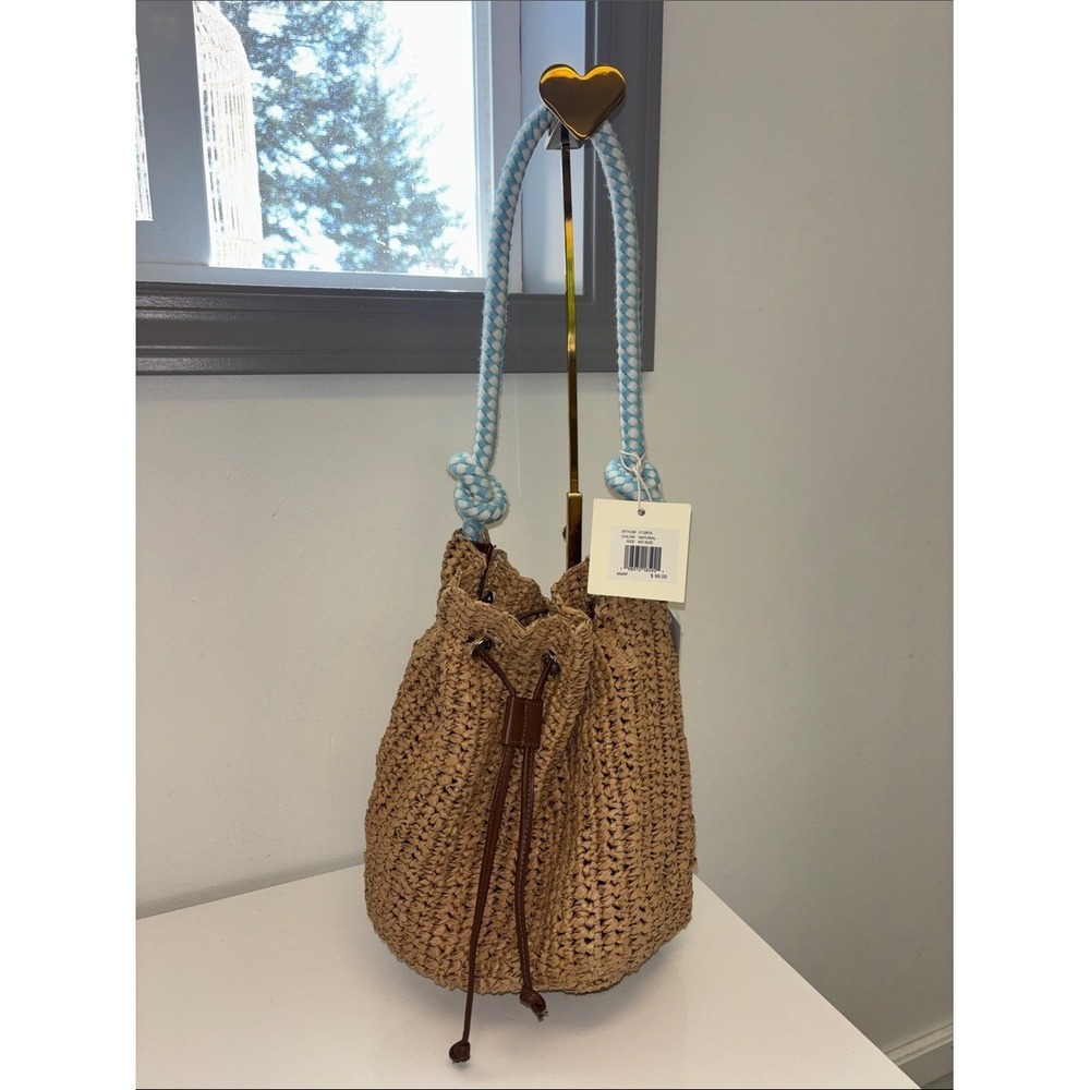 Straw Drawstring Bucket Bag with Light Blue Rope Handle NWT NEW Sol and Mer - Picture 3 of 11